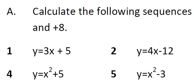 Substitute the values of -8 to 8 into x to find the value or y.  Draw the graphs.